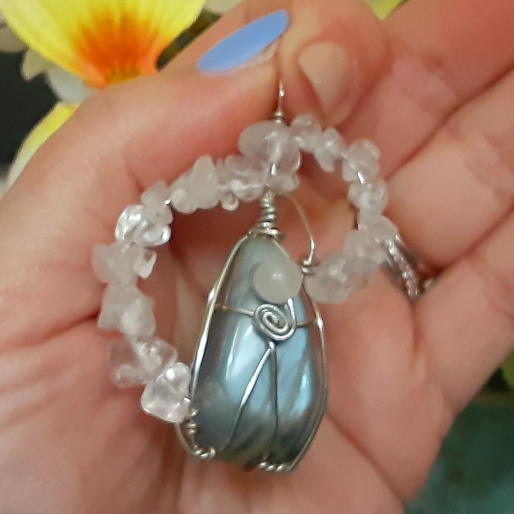 Moonstone, Rose Quartz Crystal Wirewrapped Necklace